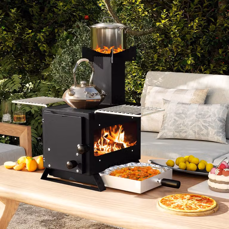 Forno a legna da giardino portatile Costway con finestra panoramica e supporto per pentole, Nero
