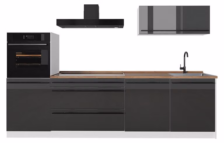 Cucina componibile Vicco R-Line Antracite lucido/Bianco 280 cm piano di lavoro Rovere dorato, Model 67679