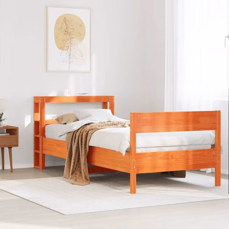 Letto in legno di pino rustico vidaXL Marrone Cera con ripiani laterali L 190 x L 75 cm
