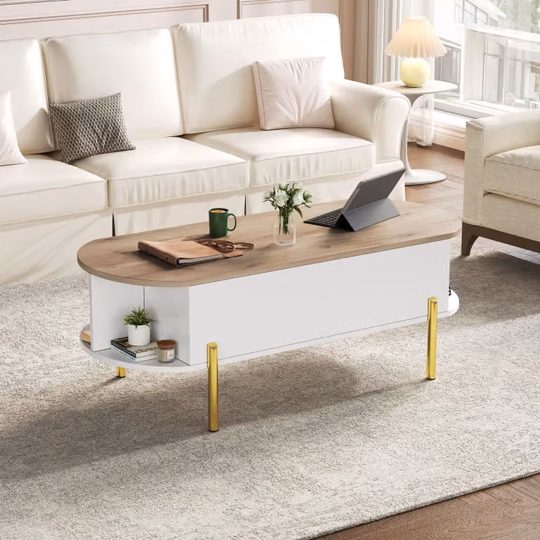 Tavolino STILVORA con 7 ripiani, tavolino da salotto regolabile in altezza con vano portaoggetti nascosto, tavolino da caffè in MDF, color legno + bianco