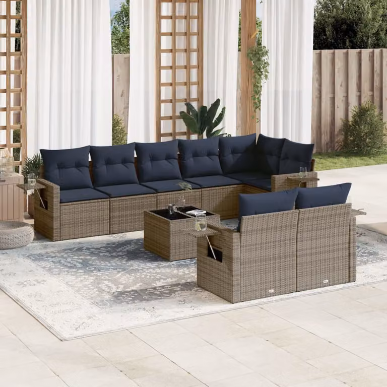 Set di divani da giardino vidaXL in polyrattan grigio con cuscini e tavolino da esterno a forma di U