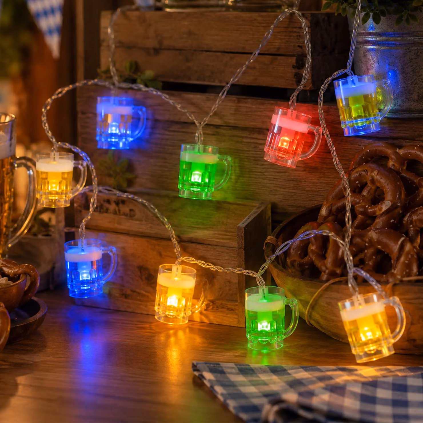 Catena luminosa a LED con motivo di boccale di birra, lunghezza 1,5 metri, 10 luci, multicolore