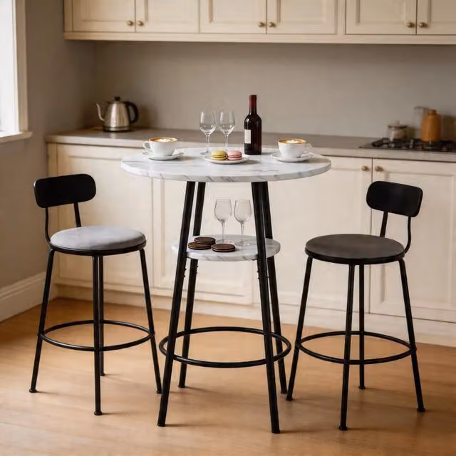Tavolo bar moderno WISHDOR con doppio ripiano, design rotondo in bianco e nero, Ø60 x H89 cm – 1