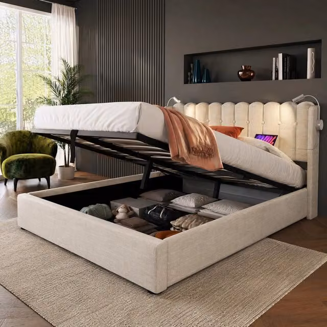 Letto matrimoniale imbottito 140 × 200 cm con contenitore luci da lettura USB in lino naturale rete a doghe