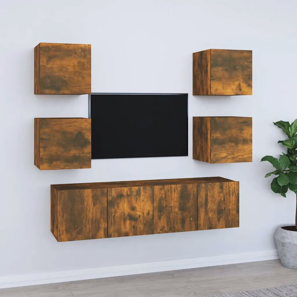 Set di mobili porta TV vidaXL in legno multistrato color rovere fumo, 6 pezzi per soggiorno