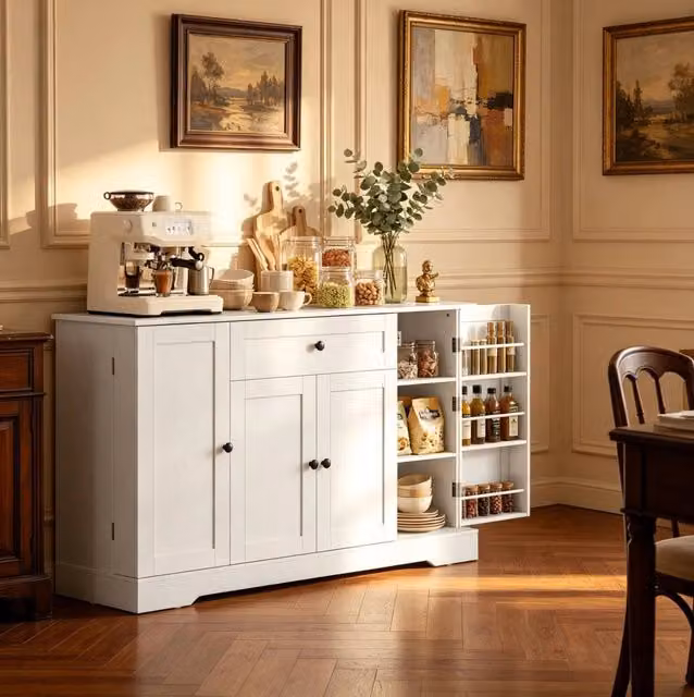 Buffet bianco 140 cm con 4 ante, cassetto e ripiani regolabili in MDF e truciolato