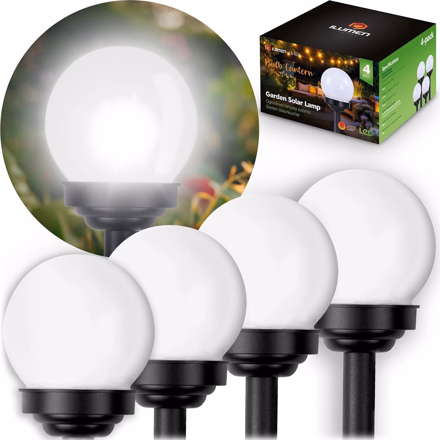 Lampada solare, sfera bianca, 4 pezzi Ilumen LS-102