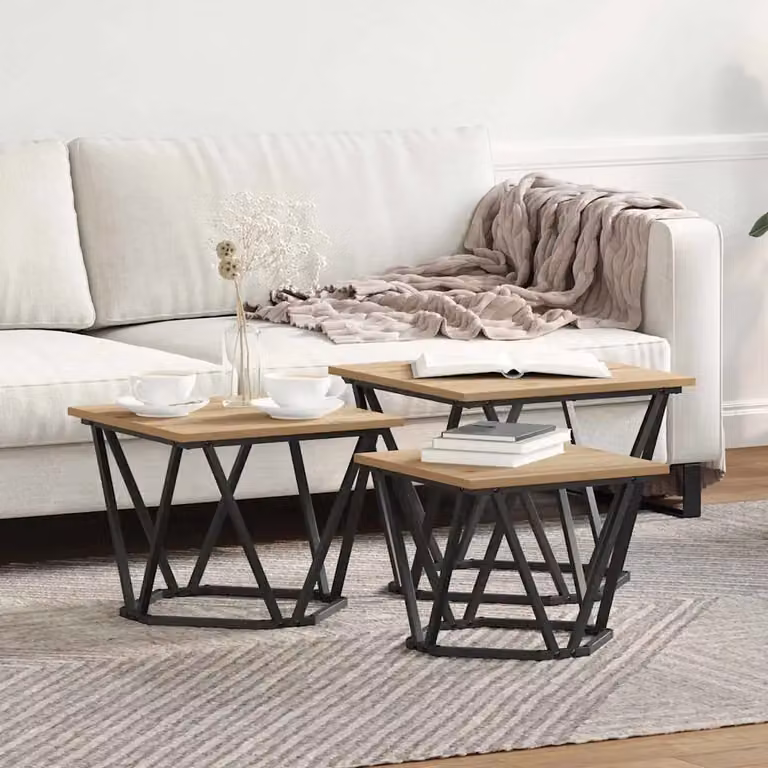 Set di 3 tavolini da salotto moderni vidaXL in legno e metallo color rovere, L/P/H: 50 x 50 x 40 cm