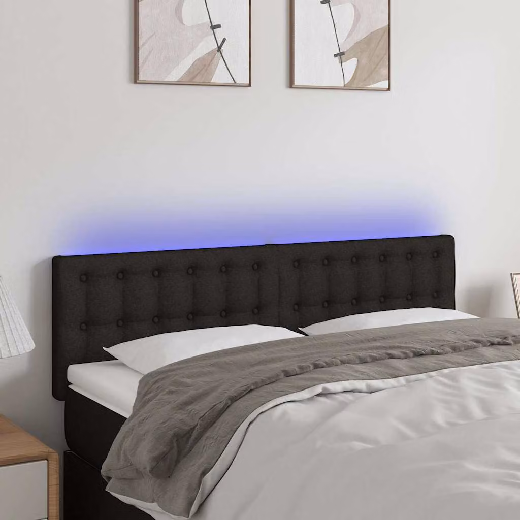 Testiera per letto vidaXL in tessuto nero con illuminazione LED e porta di ricarica USB, L 144 x P 5 x H 78/88 cm