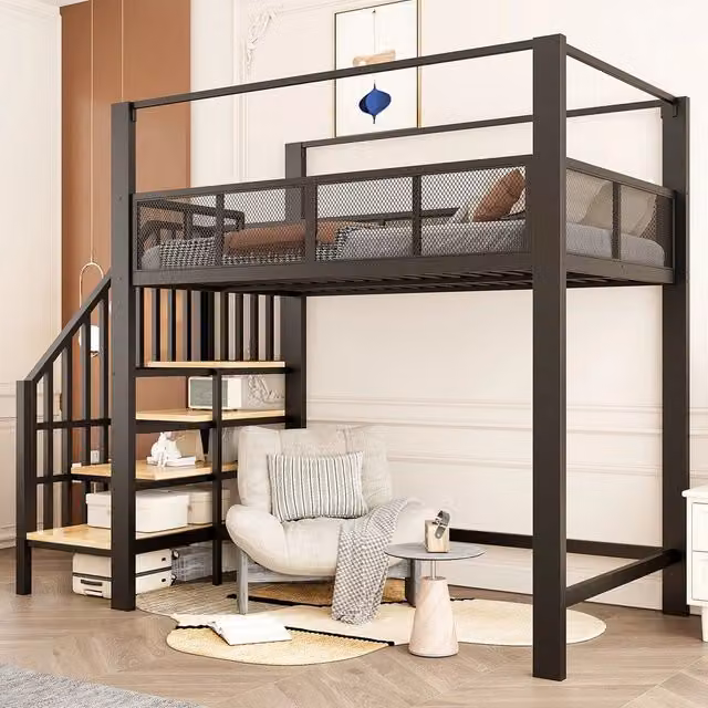 Letto a soppalco singolo con baldacchino ¨C Minimal ¨C metallo nero 90x200cm con scala sicura e spazio contenitore