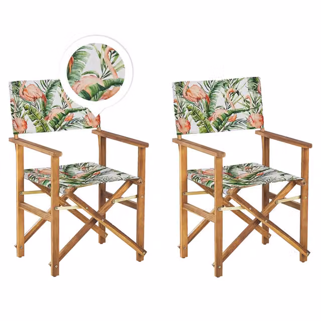 Set di 2 sedie da regista BELIANI in legno di acacia con tessuto intercambiabile bianco sporco e decoro floreale