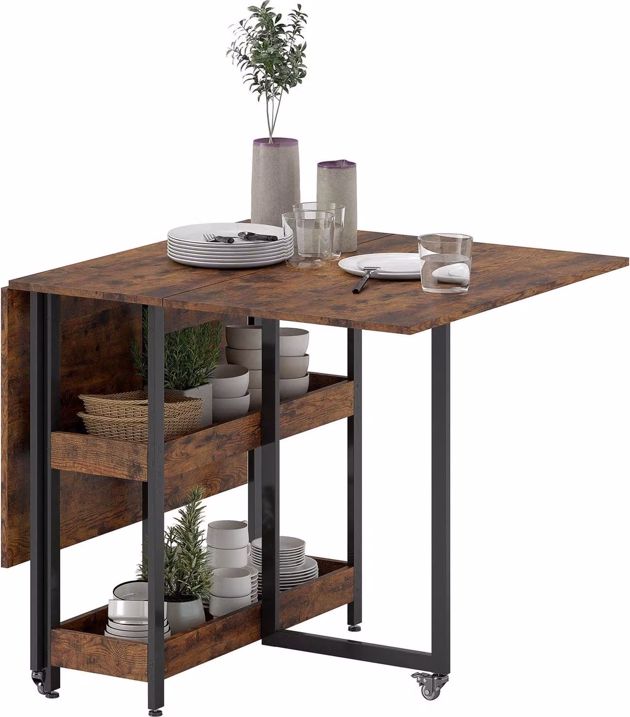 Tavolo da pranzo pieghevole in design industriale, per un massimo di 4 persone, ripiani aperti, flessibile, metallo, truciolato, marrone
