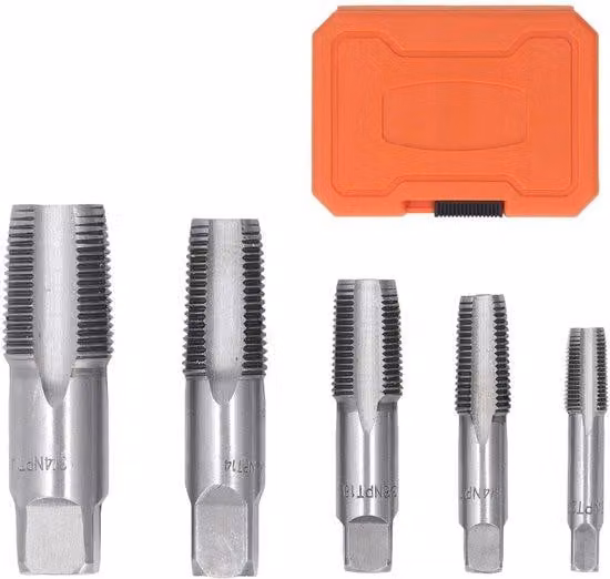 Set di maschi elicoidali Acciaio al carbonio, 5 pezzi - Set di maschi per filettature coniche (NPT) - Dimensioni: 3/4 di pollice, 1/2 di pollice, 3/8 di pollice, 1/4 di pollice, 1/8 di pollice - Set di avvitatori - Filettature precise - Set di maschi elic