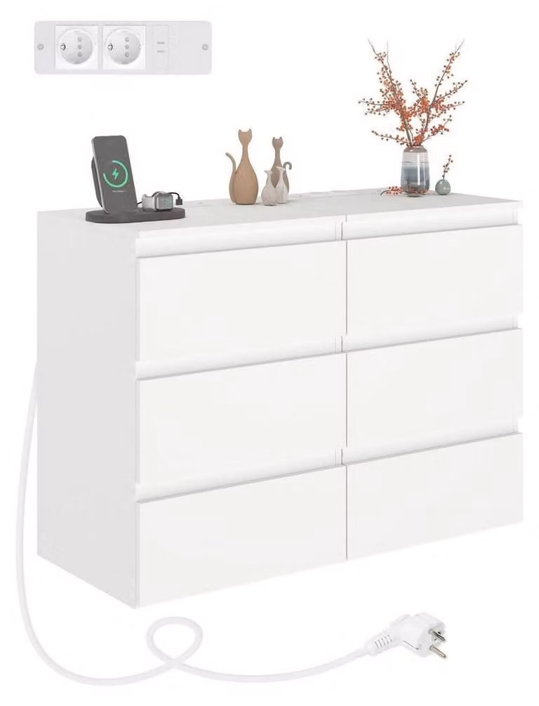 Set di 2 comodini bianchi, con 3 cassetti, prese USB e prese di corrente, dimensioni 40x35x60 cm