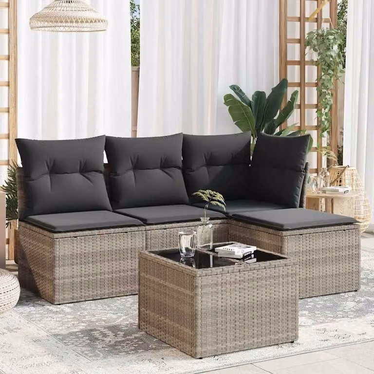 vidaXL Set Divano da Giardino a L in Polyrattan Grigio con Cuscini e Tavolino da Esterno