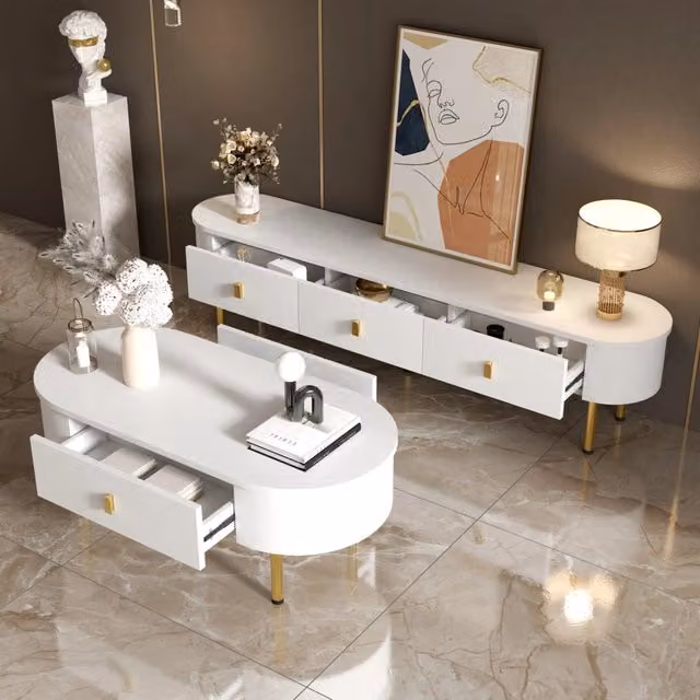 Combinazione tavolino da caffè e mobile TV con cassetti; in MDF bianco e oro
