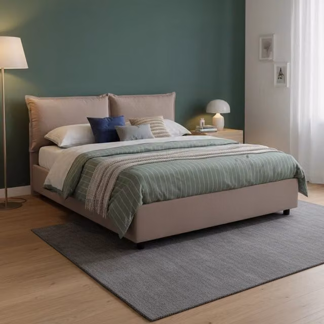 Letto matrimoniale contenitore Agalo Talamo Italia con rivestimento in tessuto beige, adatto per materasso 140x200 cm