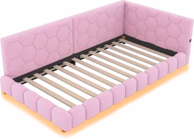 Letto Singolo a Divanetto in Velluto Rosa con Illuminazione LED 16 Colori e Porte di Ricarica USB e Type-C, L/P: 90 x 200 cm