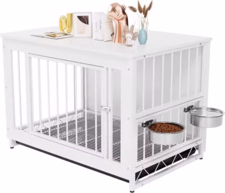Cassa per cani in legno con ciotole per il cibo girevoli - Cuccia per cani da interno con cassetto, doppie porte e regolazione in altezza - Mobili di design per cani di taglia media - 99 × 63 × 75cm - Bianco