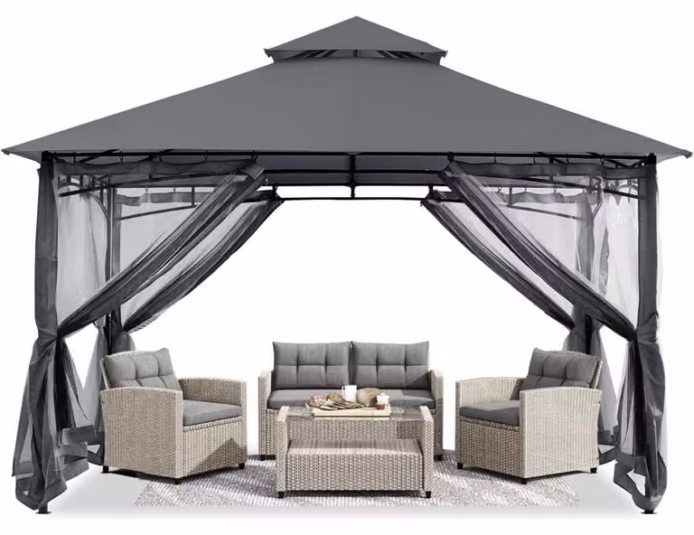 Gazebo da giardino, dimensioni 3,35 x 3,35 metri, con tetto a due falde e rete per ombreggiatura e protezione dalla pioggia, colore grigio scuro