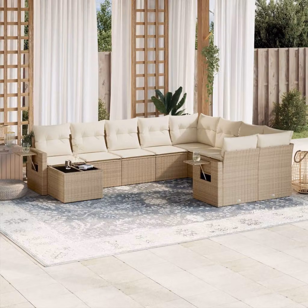 vidaXL Set Divano da Giardino 10 pz in Polyrattan con Cuscini Beige e Tavolino da Esterno – 1
