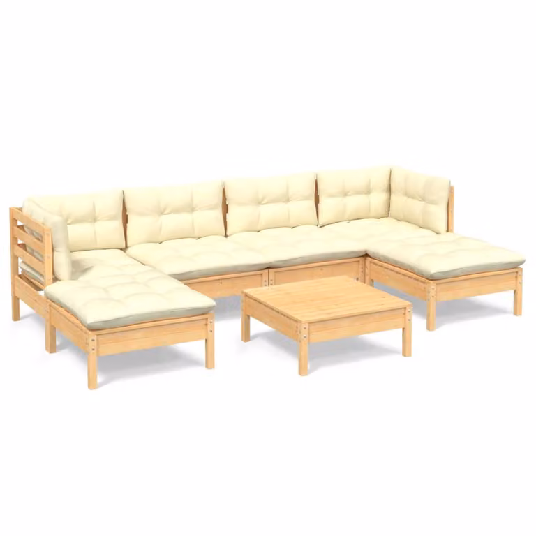 Set Salotto da Giardino 7pz con Cuscini Crema in Legno di Pino