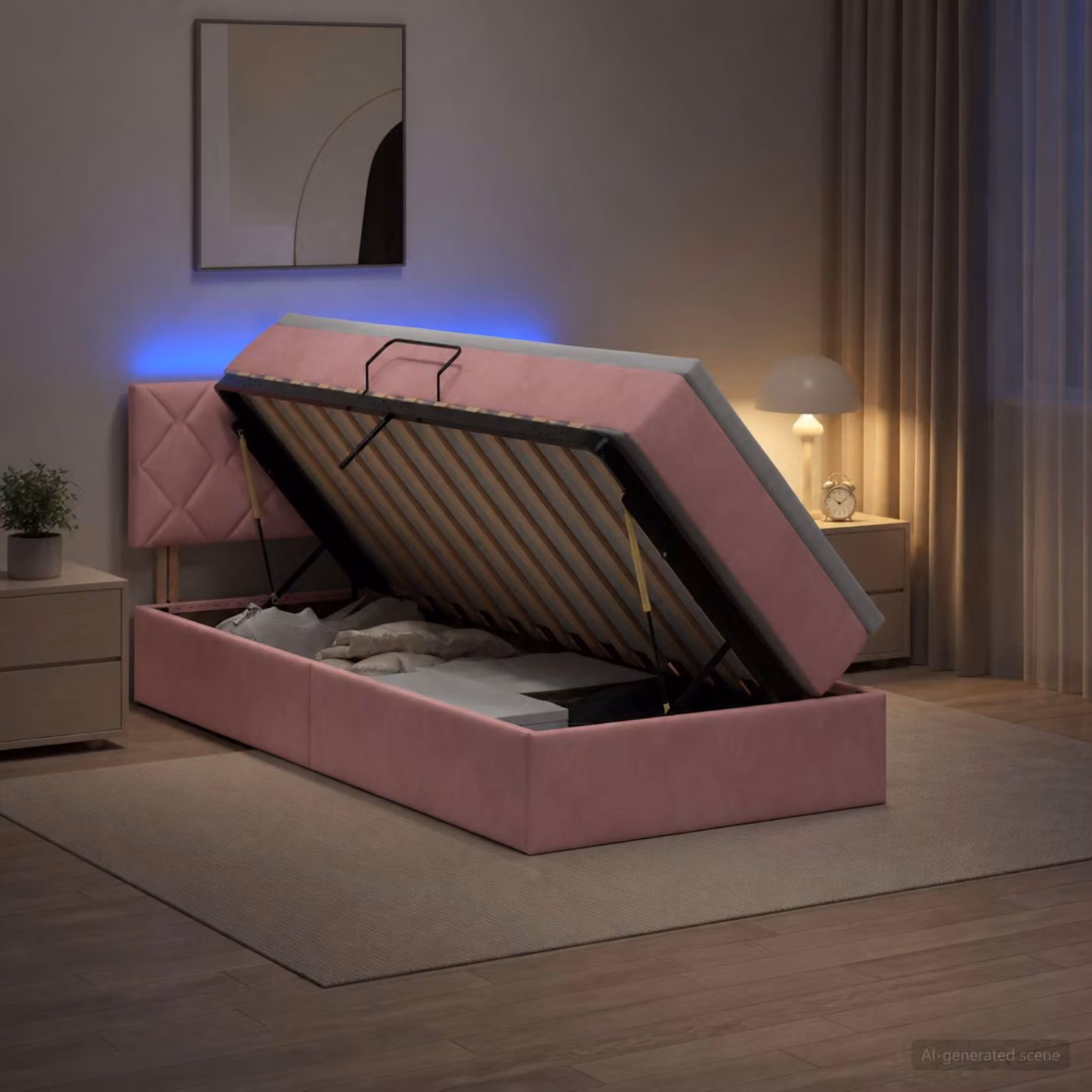 Letto con contenitore e illuminazione LED vidaXL in velluto rosa, L/P/H: 200 x 90 x 88 cm con materasso a molle incluso