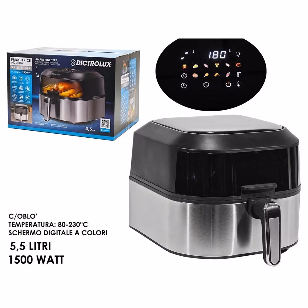 Friggitrice ad aria Trade Shop Traesio da 5,5 litri con schermo touch digitale a colori e luce oblò, 1500 Watt – 2