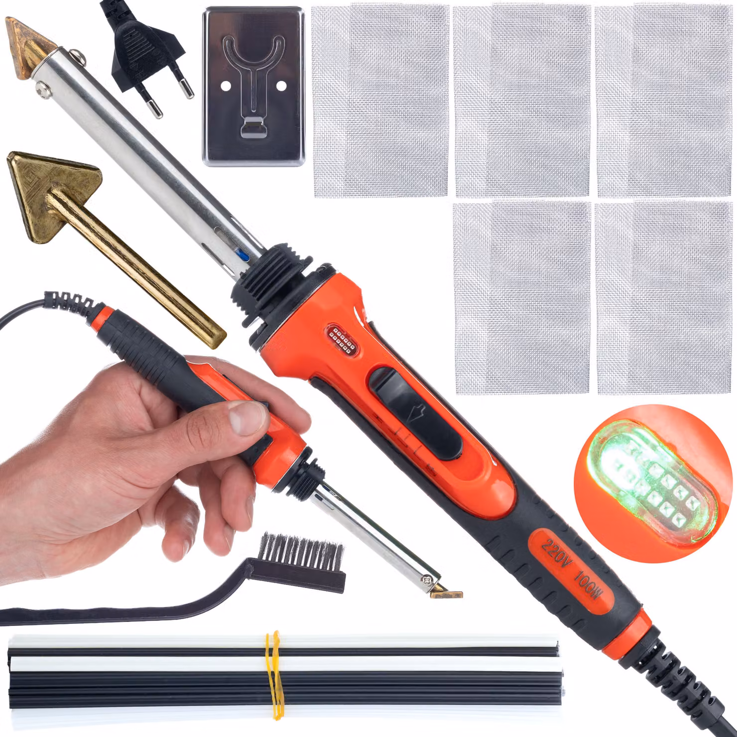 Rosfix Set Red Odysseya RRO100W – Saldatrice per Plastica da 100 W, 2 Modalità, LED, PP PE ABS PVC, 5 Maglie, Saldatore, Spazzola in Filo d'acciaio
