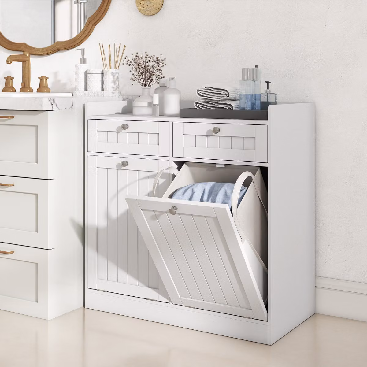 Mobiletto da bagno indipendente Costway con doppio cesto per la biancheria, Bianco moderno