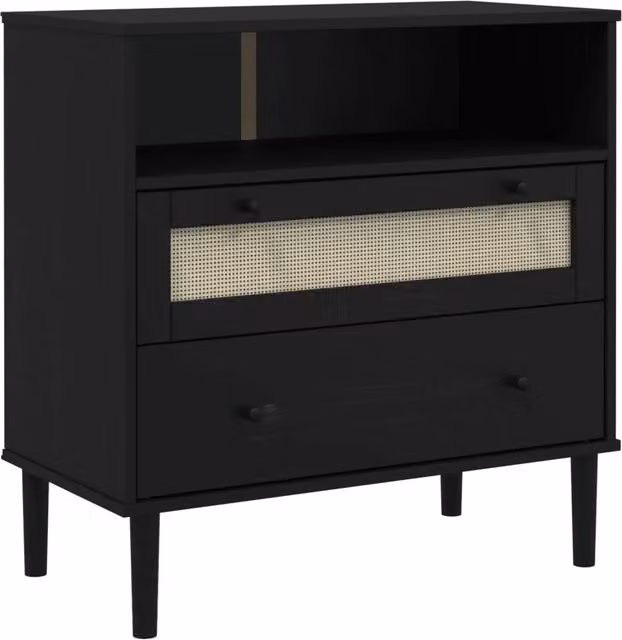 Buffet credenza cassettiera armadio mobile contenitore organizer per cucina soggiorno salotto effetto rattan 80 x 40 x 80 cm legno massello di pino nero 02_0036239