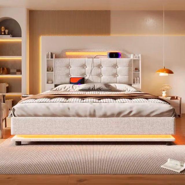 Letto contenitore matrimoniale beige con illuminazione LED e porte USB e Type-C, struttura imbottita in tessuto con vani contenitore, L/P/H: 140 x 200 x 226 cm