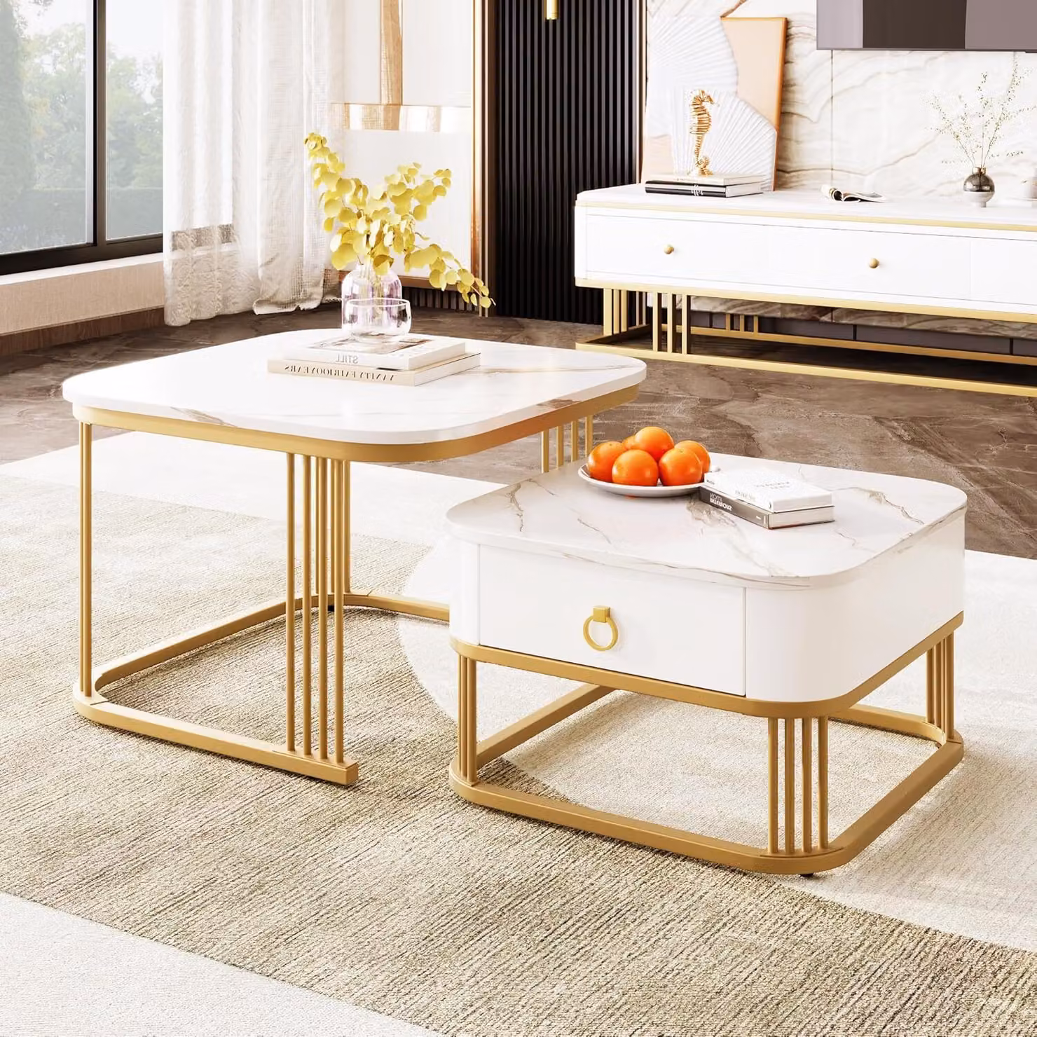 Set di 2 tavolini, tavolino da salotto lucido con aspetto marmoreo, tavolino moderno con spazio di archiviazione, per soggiorno, balcone, bianco e oro