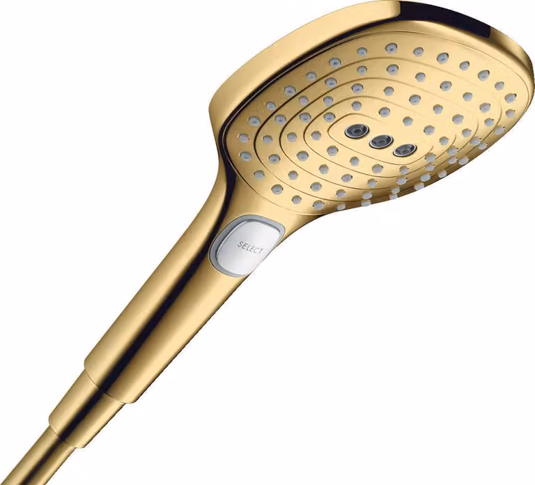 Rubinetto manuale con 3 getti, portata massima di 6 litri al minuto, finitura dorata lucida, forma rettangolare