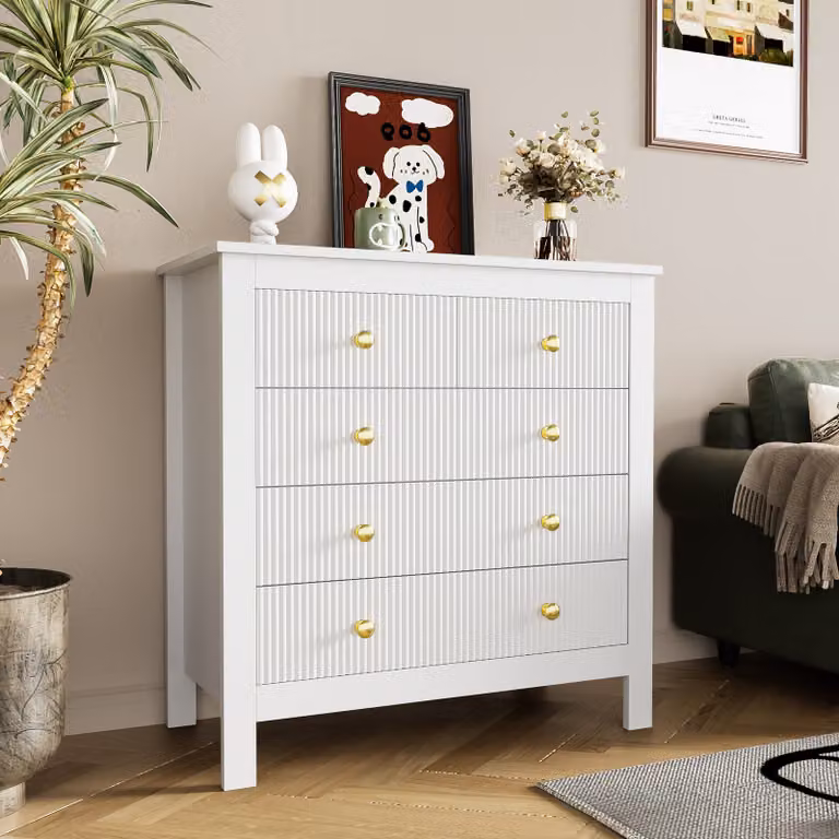 MODFU credenza a cassetti con cassetti e maniglie dorate, guardaroba, toeletta a buffet per soggiorno, camera da letto, camera dei bambini, camera dei ragazzi e ufficio, bianco