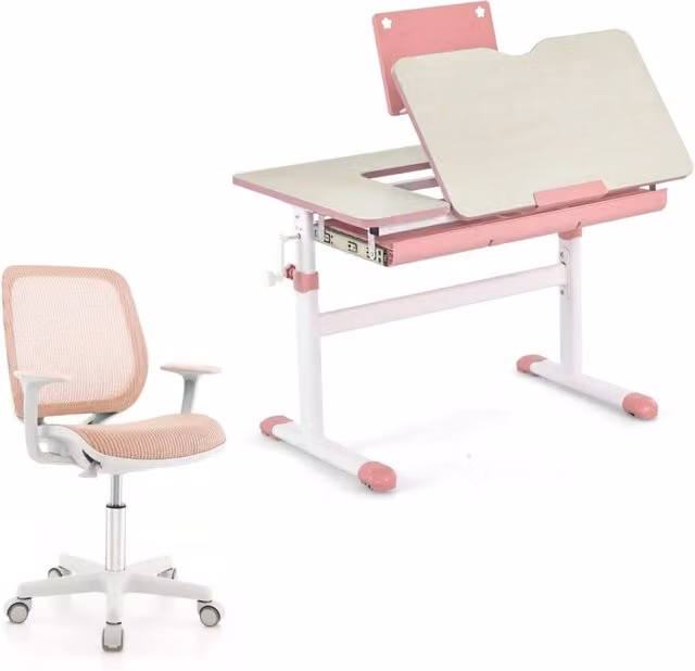 Scrivania per bambini regolabile e sedia da scrivania per bambini, Scrivania per bambini tavolo ergonomico e sedia girevole per computer Rosa