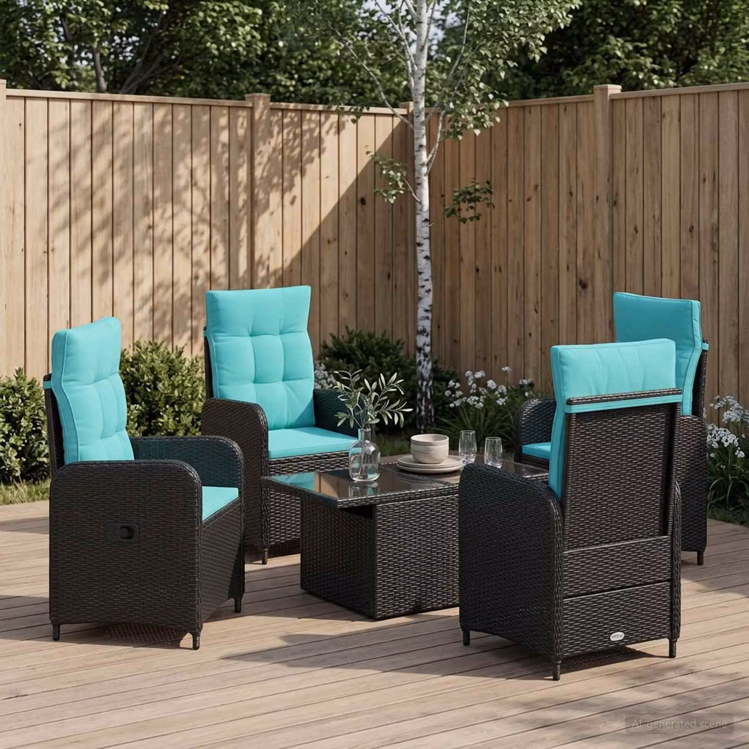 Set da pranzo per esterni vidaXL in polyrattan moderno da 5 pezzi, colori nero e turchese