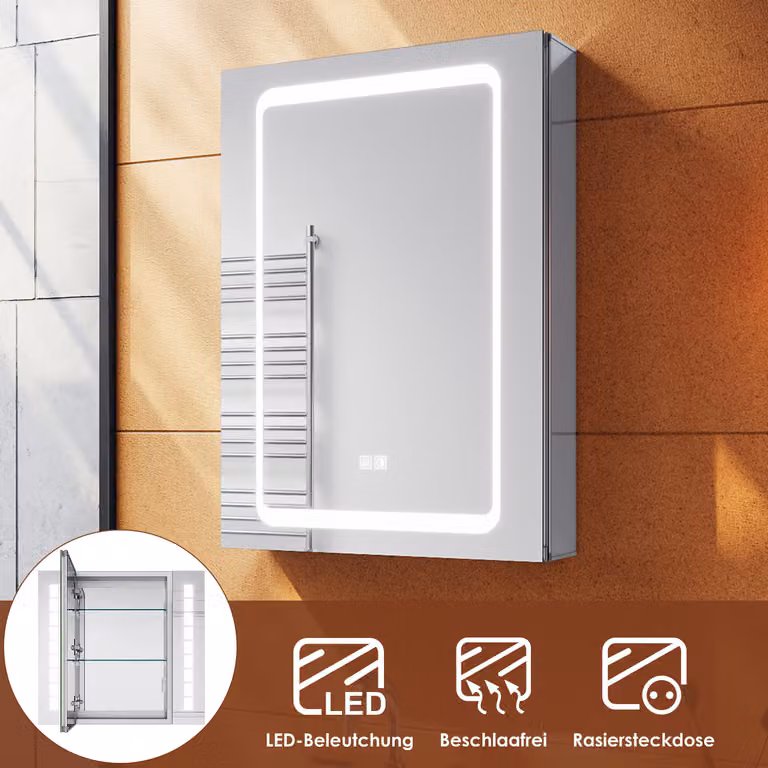 SONNI Armadio a specchio LED in alluminio con interruttore e presa tattile e funzione antiappannamento 50x70x13,3 cm