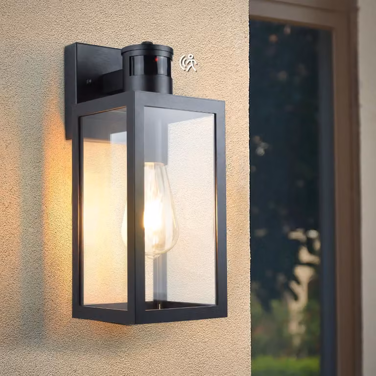 Lampada da parete esterna, alluminio, sensore PIR, confezione da 1, colore nero, forma rettangolare