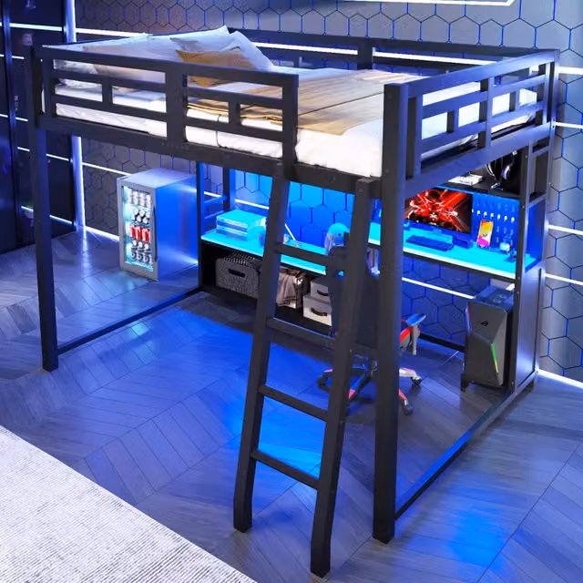 Letto a soppalco 140×200 cm con scrivania, LED RGB e ripiani, senza materasso, MDF e metallo, nero