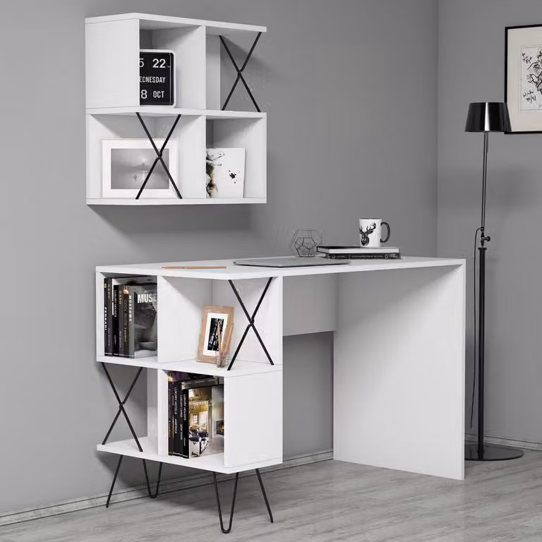 Skye Decor, scrivania di alta qualità con ripiano a parete, dimensioni 120 x 60 x 78,8 cm, realizzata in pannello di particelle rivestito in melamina al 100%, spessore 18 mm, design moderno in bianco e nero, ideale per l'ufficio domestico.