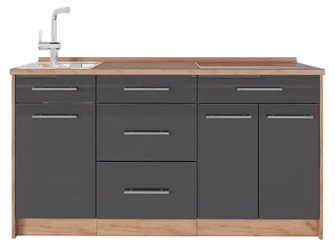 Cucine componibili piccole Vicco Fame-Line Antracite lucido 150 cm, PL Rovere, Model 65408