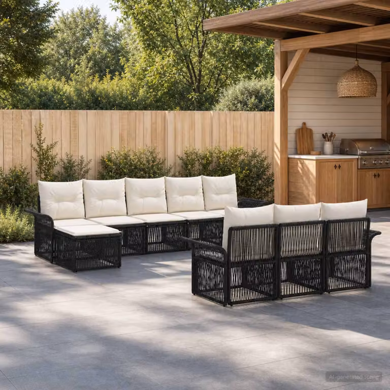 Set Divano da Giardino vidaXL 10 Pezzi a Forma di U in Polyrattan Nero con Cuscini e Struttura in Acciaio