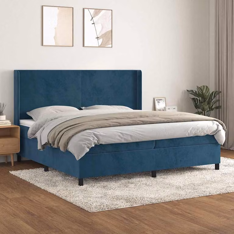 vidaXL Letto Ibrido con Giroletto a Molle e Materasso in Velluto Blu e Bianco L/P/H: 200 x 200 x 128 cm
