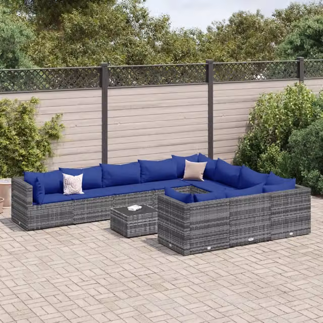 Set di Divani da Giardino a Forma di U vidaXL con 11 Pezzi, Polyrattan Grigio e Blu con Cuscini e Tavolino da Caffè – 1