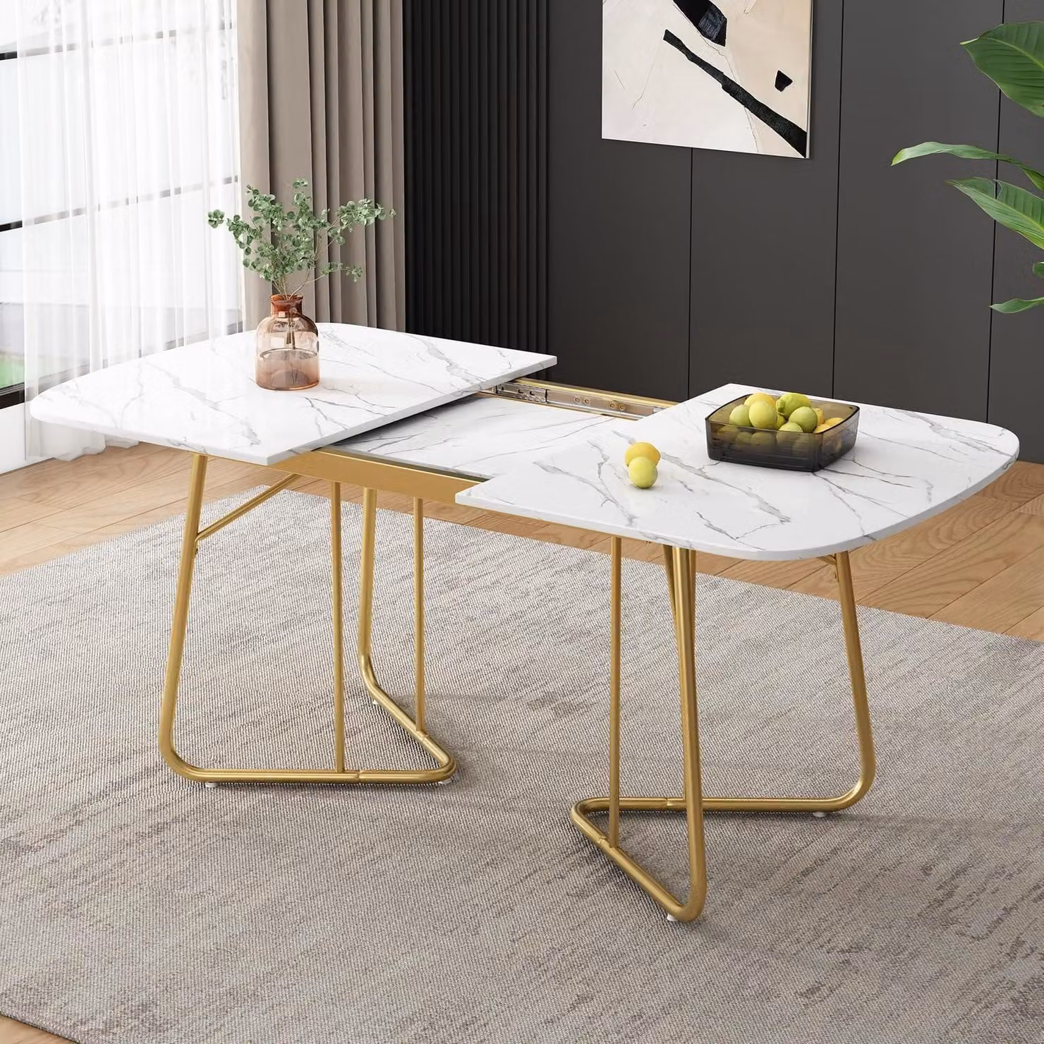 Tavolo da pranzo allungabile, bianco, effetto marmo, gambe in metallo dorato, dimensioni 180x80x75 cm