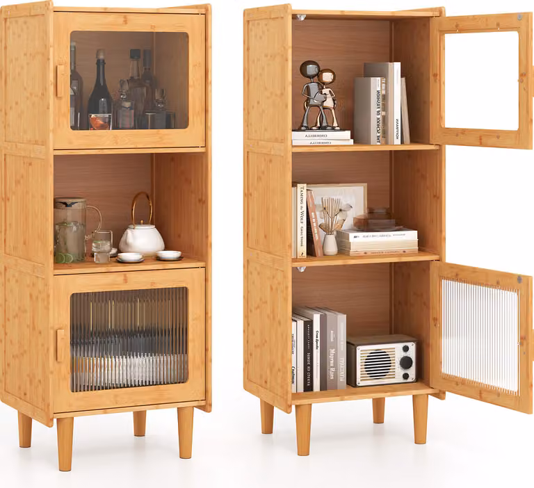 Armadio in bambù COSTWAY, espositore a 3 livelli con scomparto aperto e 2 porte in acrilico, libreria indipendente, cassettiera, corridoio organizzatore di stoccaggio