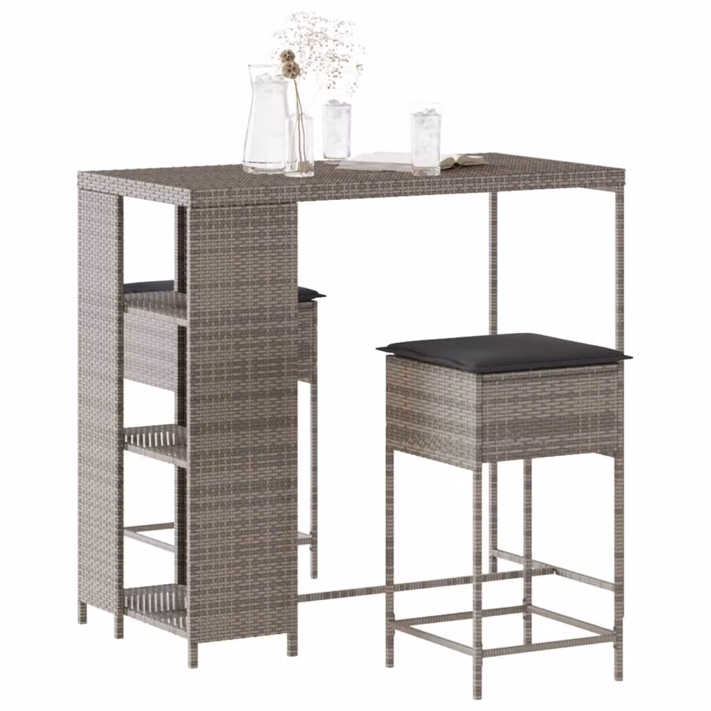 vidaXL Set Bar da Giardino 3 Pezzi in Polyrattan Grigio con Cuscini – 1