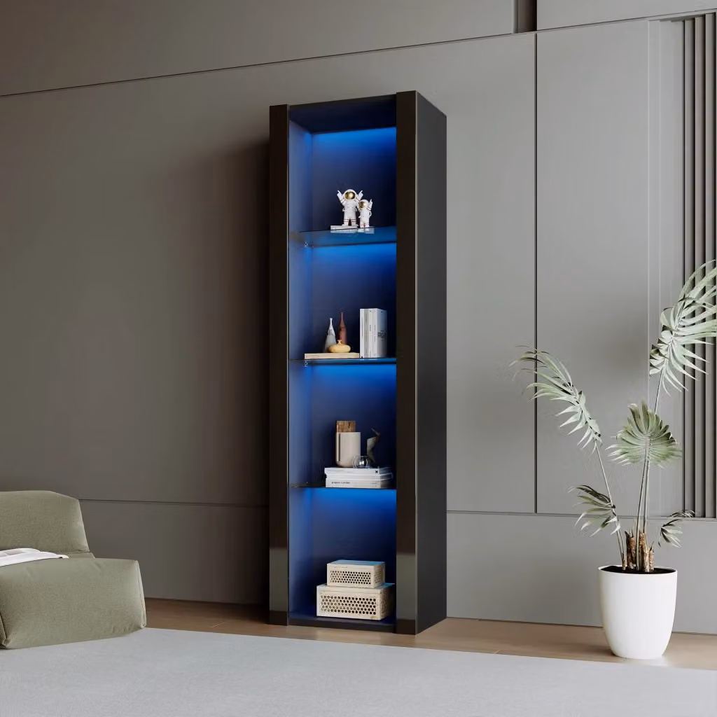 Vetrina alta WISHDOR nera lucida con ante in vetro, ripiani interni e illuminazione LED, L: 55 cm, P: 38 cm, H: 166 cm – 2