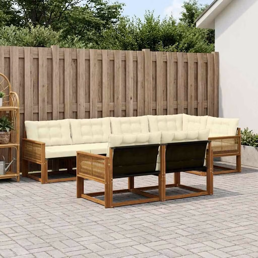 Set di divani da esterno vidaXL a forma di U composto da 7 pezzi in legno di acacia con cuscini in tessuto beige e crema